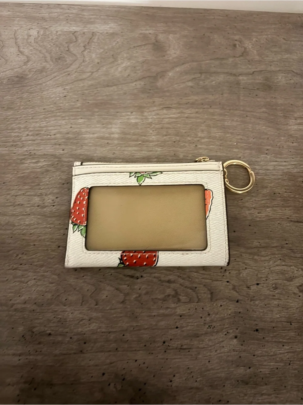 Coach White Strawberry Print Card Case Keyring